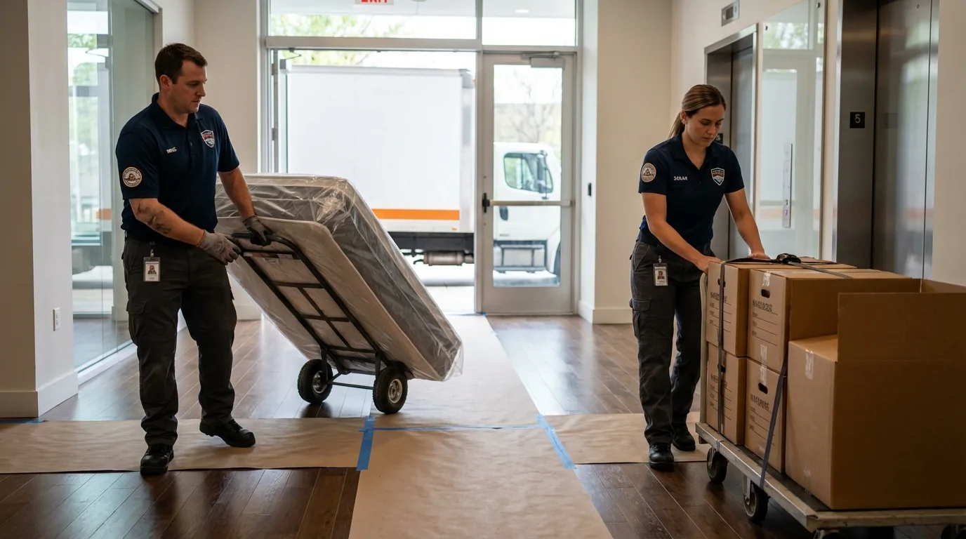 Professional apartment movers loading elevator in Johnson Creek, WI