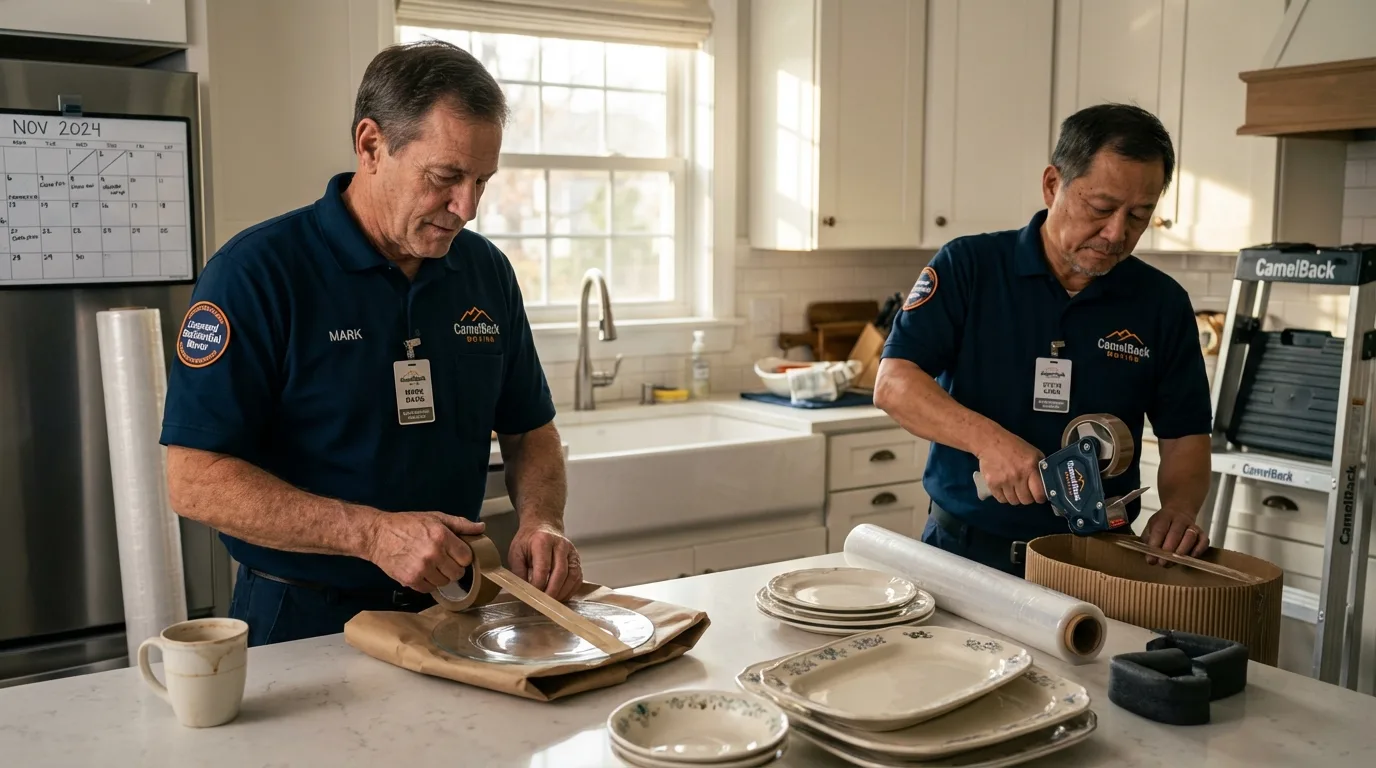 Professional crew packing kitchen dishware in Johnson Creek, WI